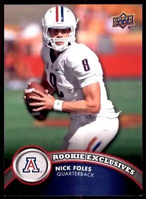 University of Arizona football player in white uniform with football from Upper Deck Rookie Exclusives