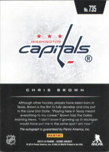 Back of 2013-14 Score Hot Rookie Signatures Chris Brown Autograph hockey card