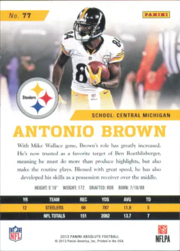 Football card back of 2013 Absolute #77 Antonio Brown Pittsburgh Steelers NFL card