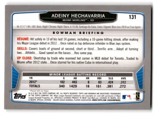 2013 Bowman #131 Adeiny Hechavarria baseball card with original gloss in NM-MT condition