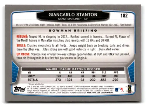 Giancarlo Stanton baseball card 2013 Bowman #182 NM-MT with original gloss and detail