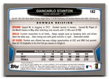 Giancarlo Stanton baseball card 2013 Bowman #182 NM-MT with original gloss and detail