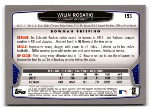 Wilin Rosario baseball card 2013 Bowman #193 original gloss Rockies collectible