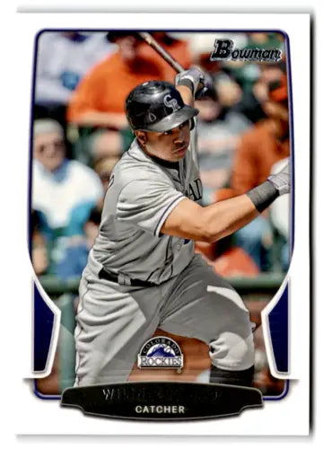 Baseball card of Wilin Rosario at bat, showcasing original gloss from 2013 Bowman series