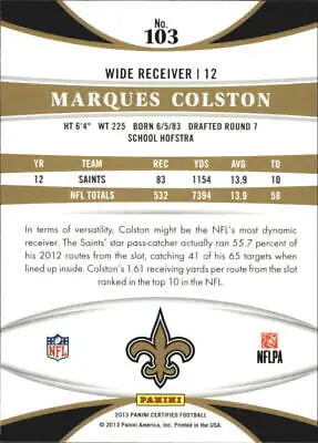 Marques Colston football card back from 2013 Certified Saints NFL collection