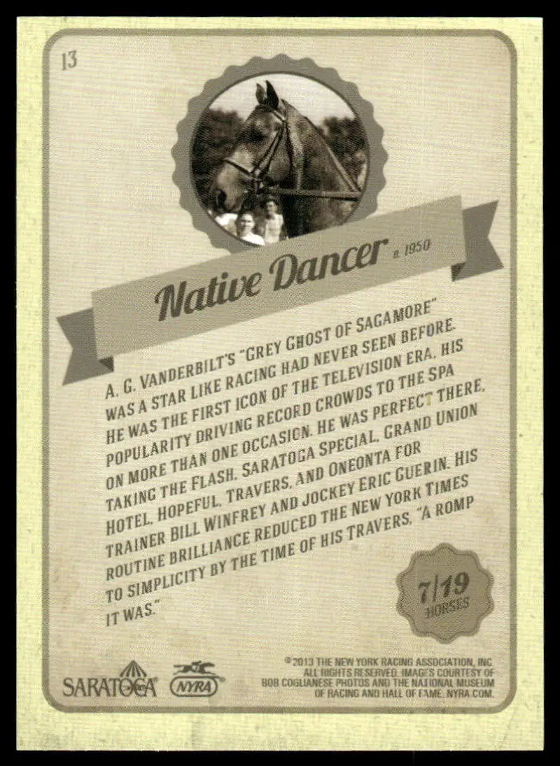 Vintage advertisement featuring Native Dancer from Nyra Saratoga History horse racing card