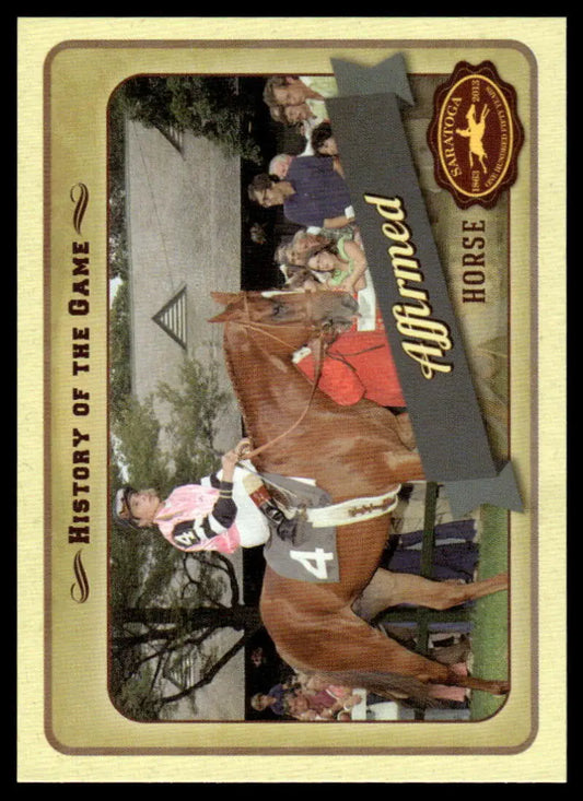 Brown horse and rider in red silks on 2013 Nyra Saratoga History Horse Racing Card