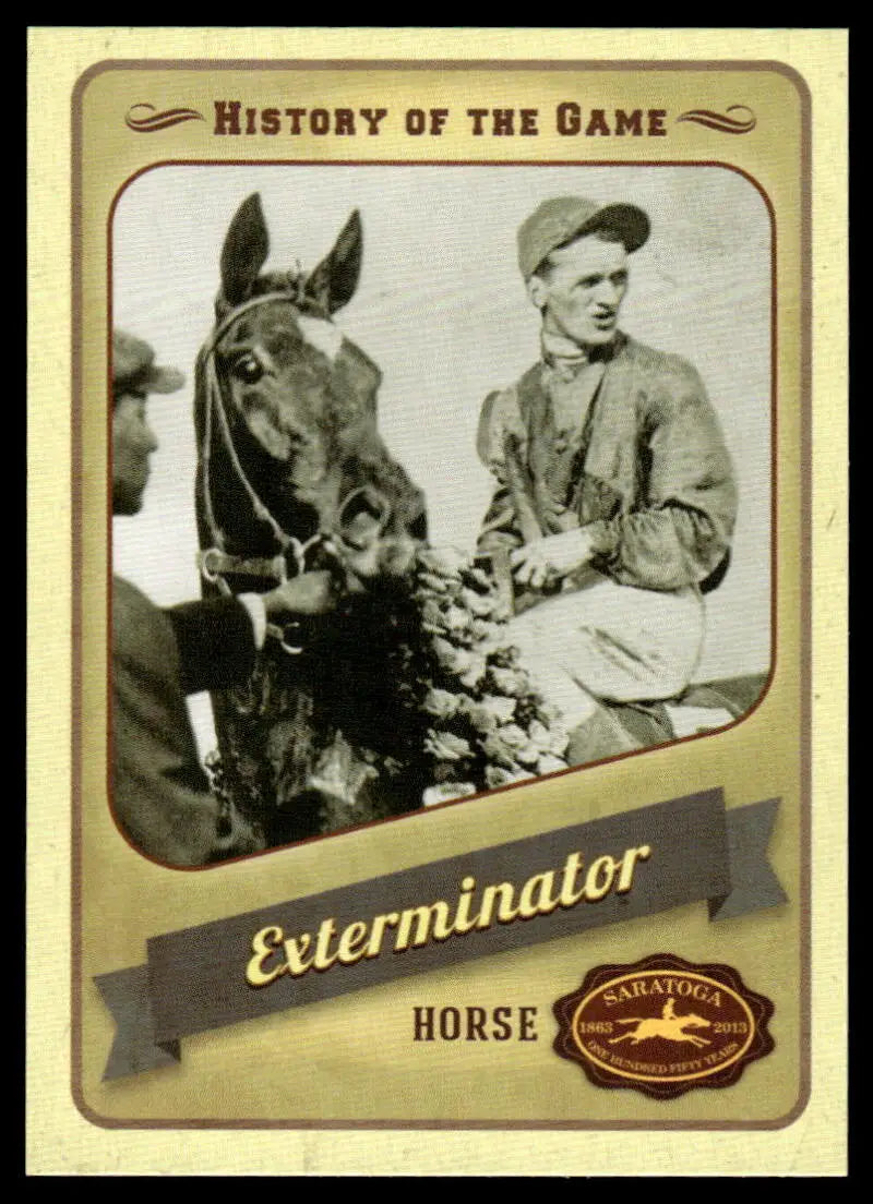 Vintage baseball card of Exterminator with handler from Nyra Saratoga History of Horse Racing