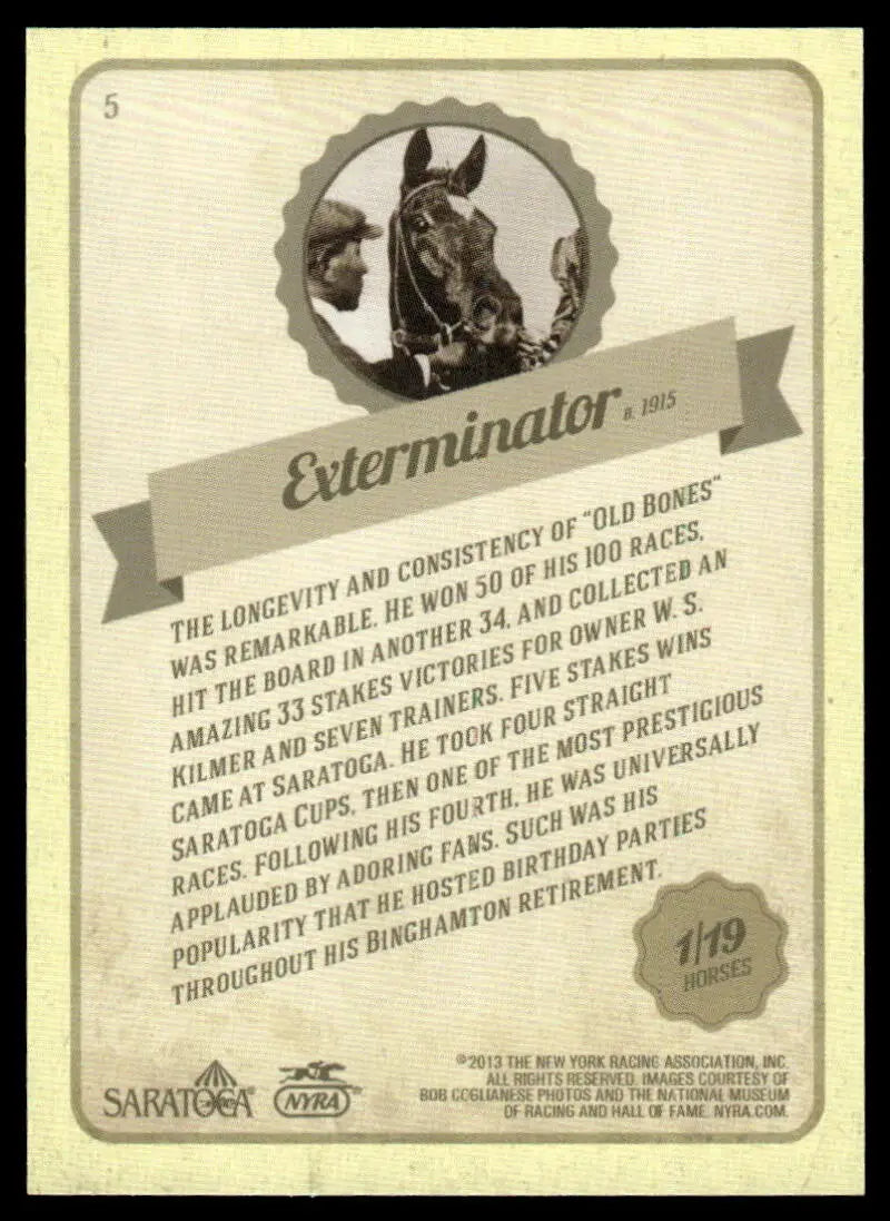 Vintage horse racing card featuring Exterminator from Nyra Saratoga History of the Game