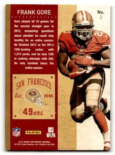 Frank Gore San Francisco 49ers football card with original gloss from 2013 Panini Contenders