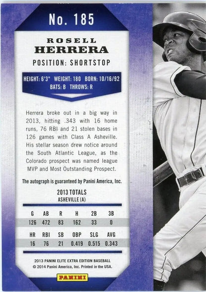 Rosell Herrera baseball card from 2013 Panini Elite Extra autographed #185 Colorado Rockies