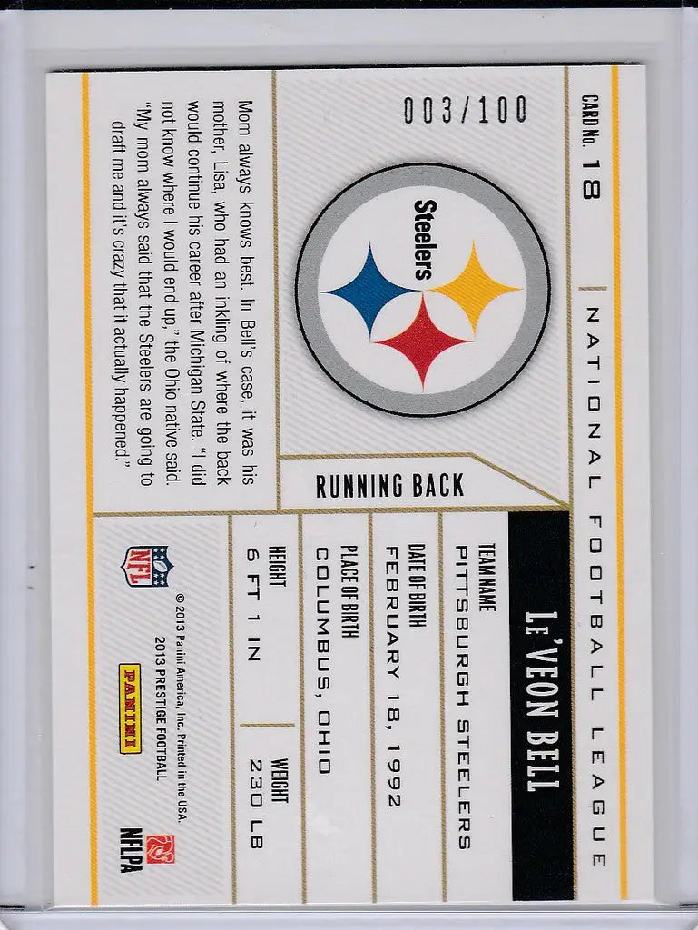 Football trading card of Le’Veon Bell Pittsburgh Steelers from Panini Prestige