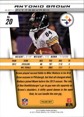 2013 Panini Prizm #20 Antonio Brown Pittsburgh Steelers NFL Football Card NM-MT