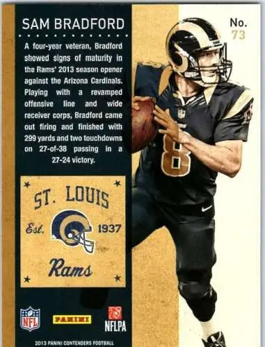 2013 Playoff Contenders Sam Bradford football card with original gloss, NM-MT Rams condition