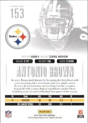 Antonio Brown Pittsburgh Steelers NFL Football Card 2013 Prestige #153 NM-MT condition