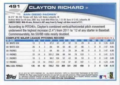 Clayton Richard baseball card 2013 Topps #491 NMMT Padres with original gloss finish