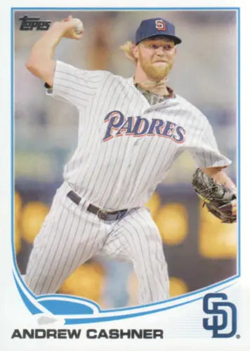 Baseball card of Andrew Cashner in pinstriped Padres uniform mid-throwing, original gloss