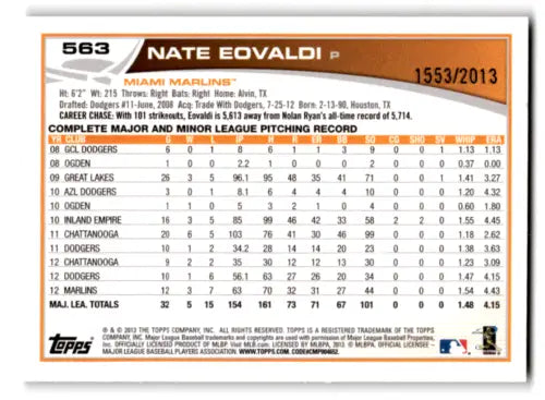 2013 Topps Gold #563 Nathan Eovaldi baseball card with original gloss, NM-MT condition