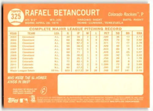 Rafael Betancourt baseball card from 2013 Topps Heritage with original gloss