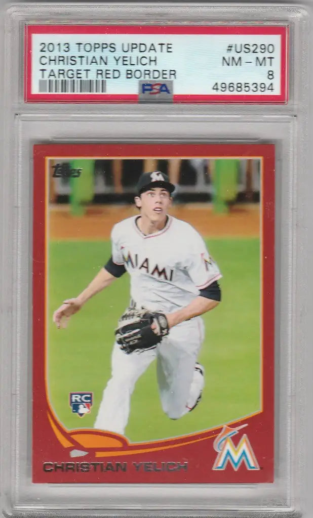 Baseball card of Christian Yelich pitching in 2013 Topps Update Target Red US290 PSA 8