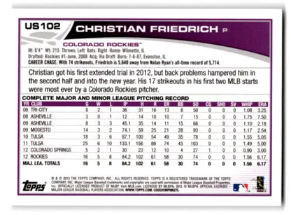 Back of 2013 Topps Update US102 Christian Friedrich baseball card with original gloss