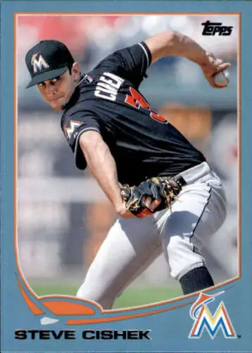 Baseball card of Steve Cishek in a black jersey, featuring original gloss and blue border