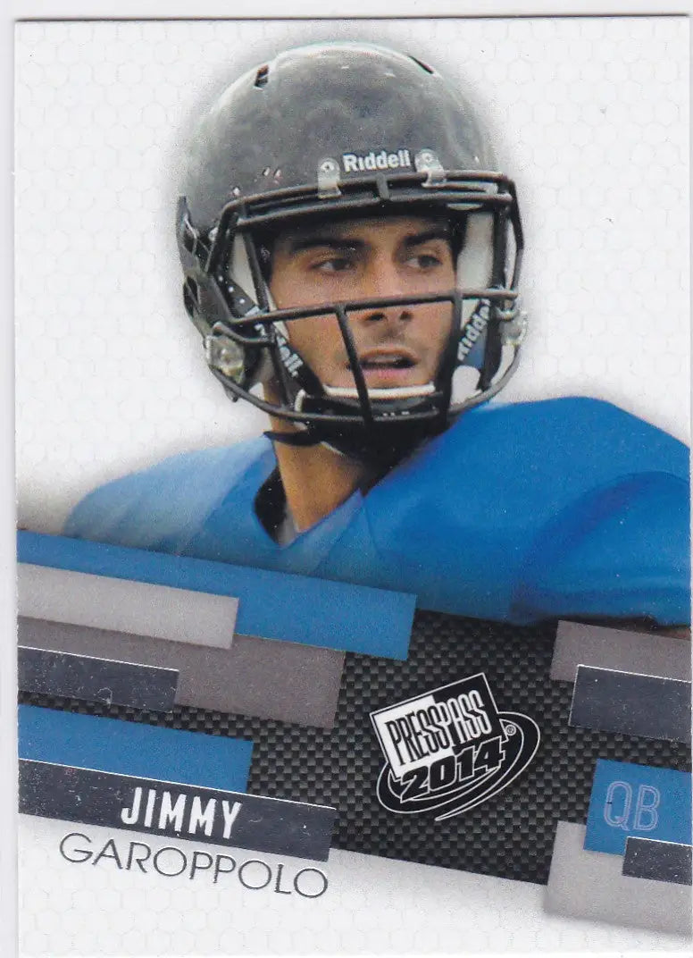 Football player in black helmet and blue jersey, featuring Garoppolo RC Patriots design