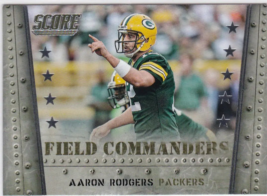 Football trading card of FC1 Aaron Rodgers in throwing motion for Field Commanders set