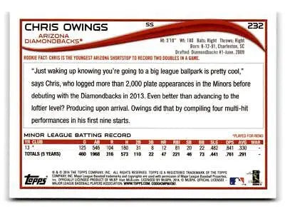 Back of 2014 Topps #232 Chris Owings baseball card showcasing trading cards information