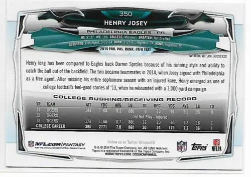 Henry Josey 2014 Topps #350 Rookie Eagles football card with original gloss detail