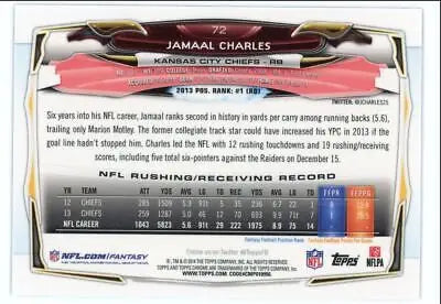 Jamaal Charles football card back from 2014 Topps Chrome Kansas City Chiefs #72