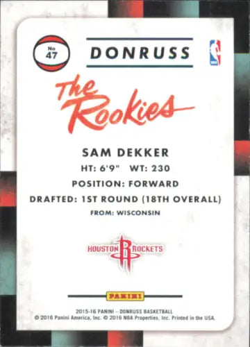 Sam Dekker Houston Rockets basketball card 2015-16 Donruss The Rookies #47 NM-MT