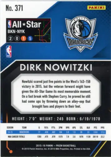 Dirk Nowitzki 2015-16 Panini Prizm #371 All Star Dallas Mavericks Basketball Card