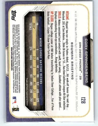 Back side of 2015 Bowman #128 Cory Spangenberg rookie Padres card with player stats