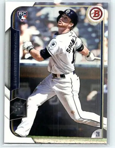 Cory Spangenberg Rookie Padres baseball card in original gloss, swinging bat