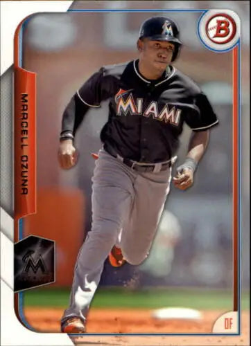 Baseball card of Marcell Ozuna in black Marlins uniform with original gloss finish