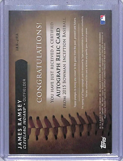 Baseball card featuring congratulatory text and baseball stitching design for James Ramsey autographed relics