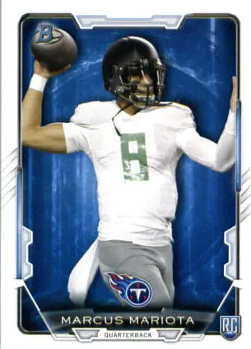 Football trading card of Marcus Mariota in original gloss, 2015 Bowman Rookies Titans