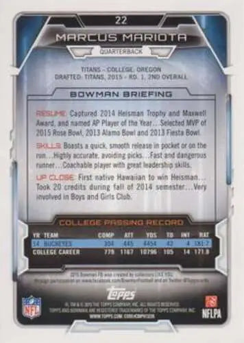 NFL Trading Card of Marcus Mariota with College Stats in Original Gloss Bowman Rookies Design