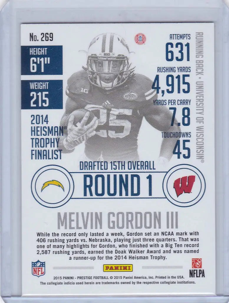 Football player trading card of Melvin Gordon III with stats for Los Angeles Chargers