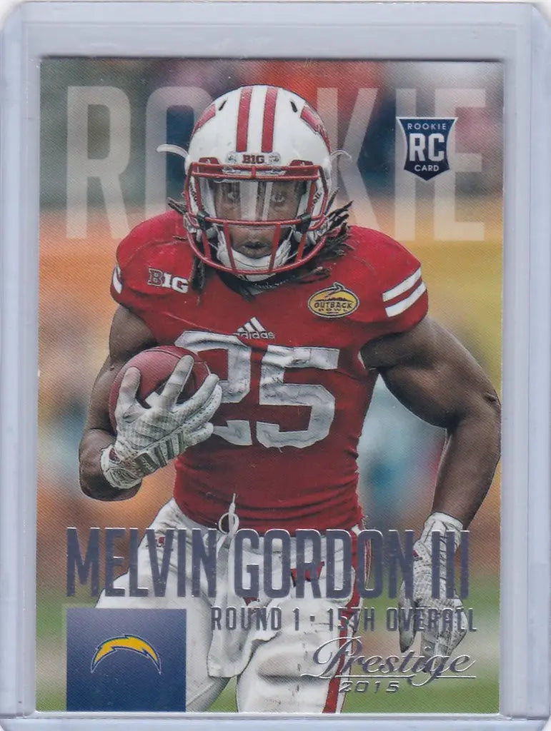 Football trading card of Melvin Gordon III in red jersey number 25 for Los Angeles Chargers