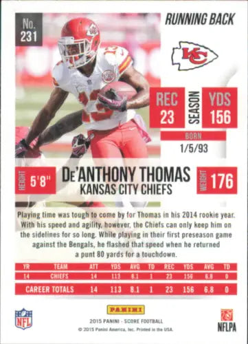 De’Anthony Thomas Kansas City Chiefs football card 2015 Score #231 in NM-MT condition