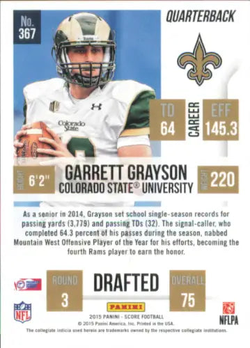 Garrett Grayson Rookie football card 2015 Score #367 New Orleans Saints NFL collectible