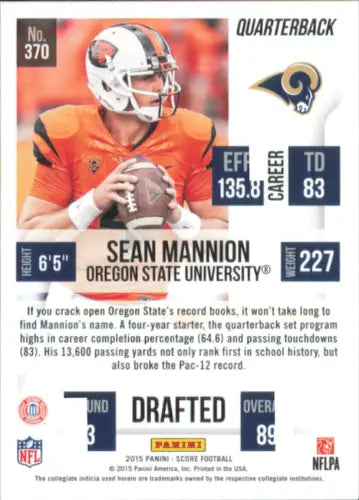 Sean Mannion Rookie Card from 2015 Score, featuring the St. Louis Rams NFL team