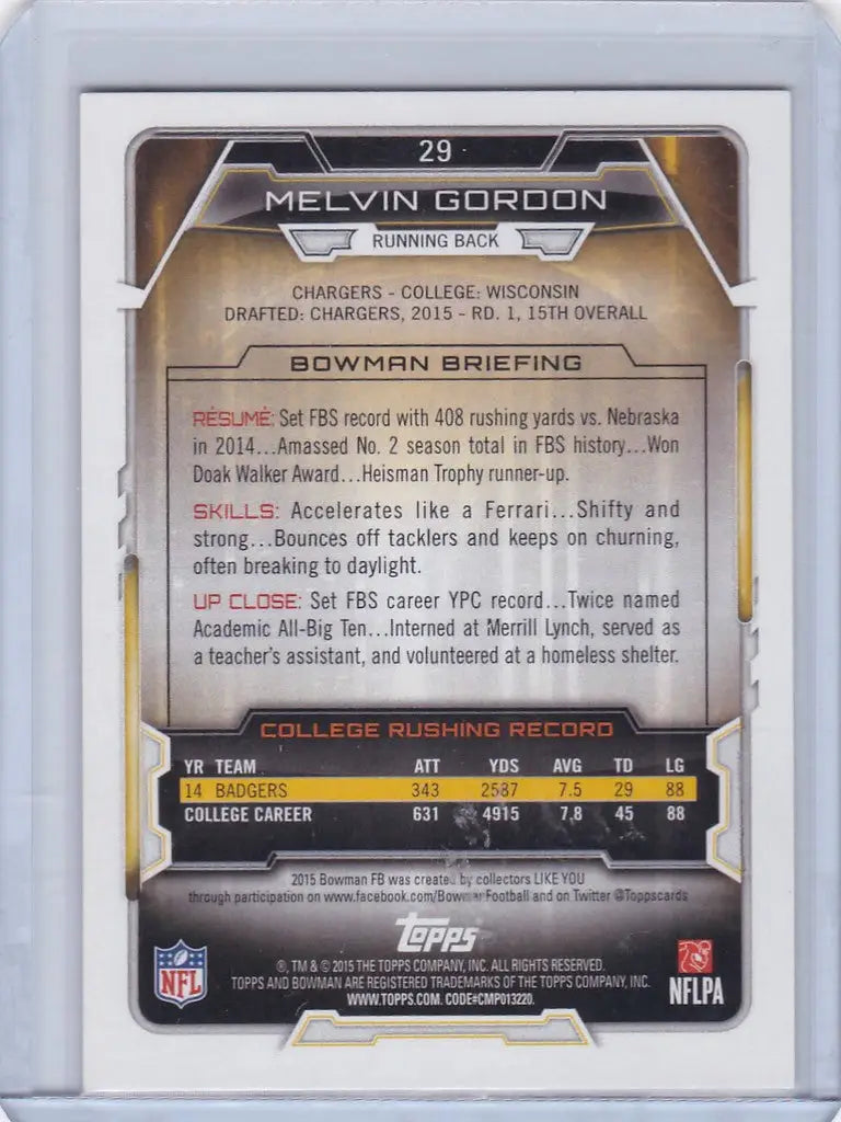 Football trading card of Melvin Gordon Los Angeles Chargers with player statistics