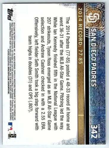 Baseball card back of 2015 Topps #342 San Diego Padres with original gloss design