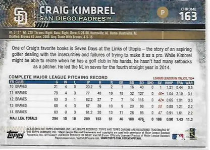 Baseball card back of 2015 Topps Chrome Pink Refractor #163 Craig Kimbrel NM-MT Padres