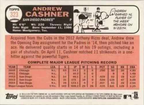 Baseball card back of 2015 Topps Heritage #323 Andrew Cashner with original gloss