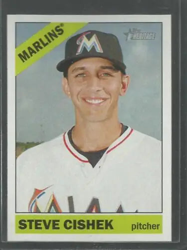 Baseball card featuring Steve Cishek in Marlins uniform from Topps Heritage set