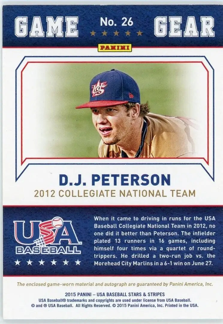 DJ Peterson Autograph Patch /99 from 2015 USA Baseball Stars & Stripes collection